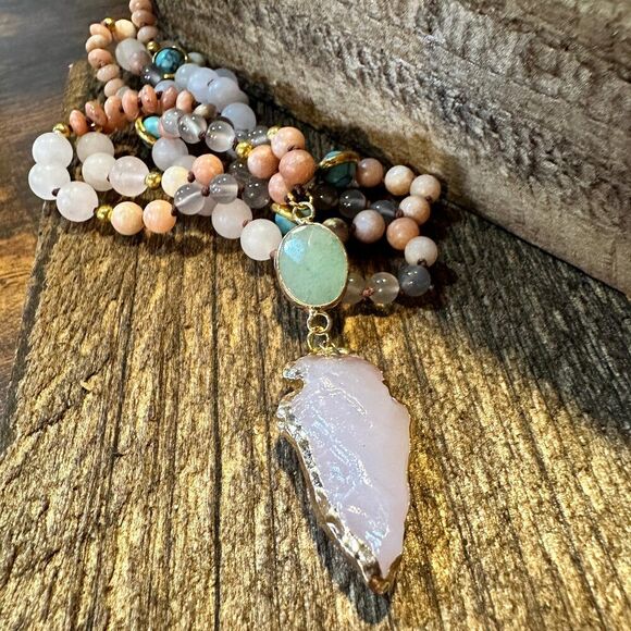 Handmade Boho Natural Stone Bead Necklace, Arrow Pendant Necklace, Gift Box - Picture 1 of 7